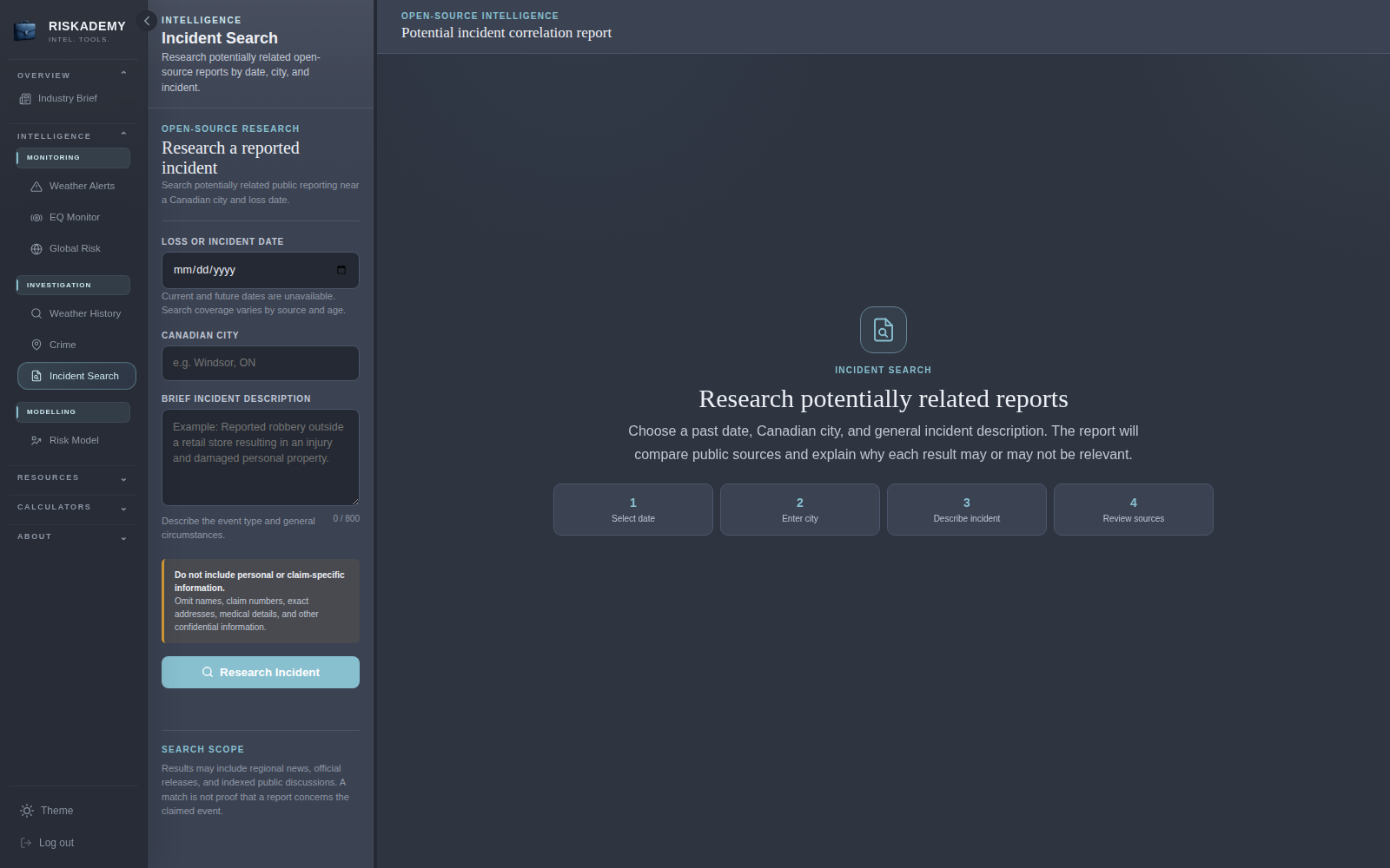 Incident Search interface for researching public reports
