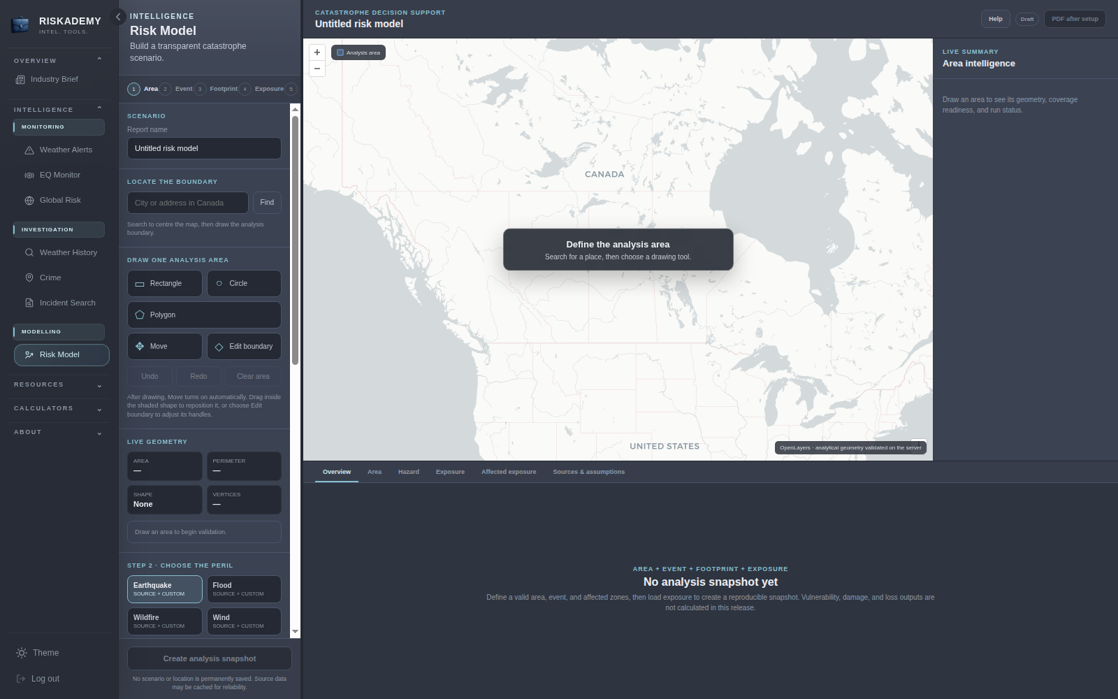 CAT Impact Screen with event workflow, map, and preliminary impact brief