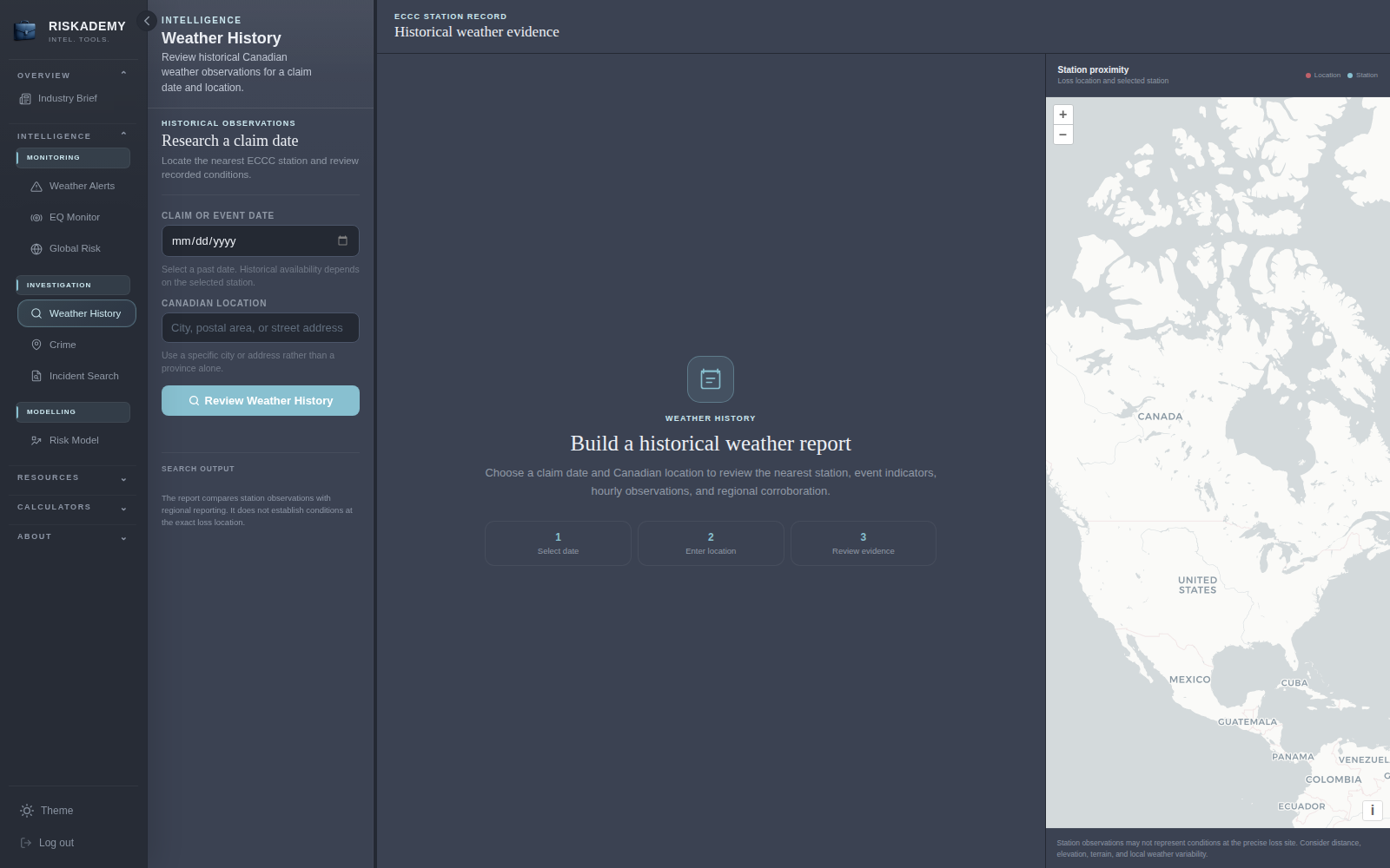 Riskademy workspace showing Weather History and claims intelligence navigation